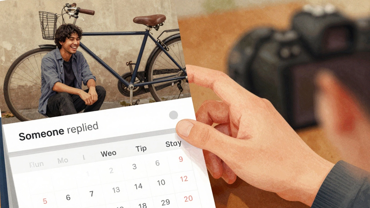 A hand leaving a thoughtful comment on a reel of someone failing to fix a bike, with a weekly posting schedule visible.