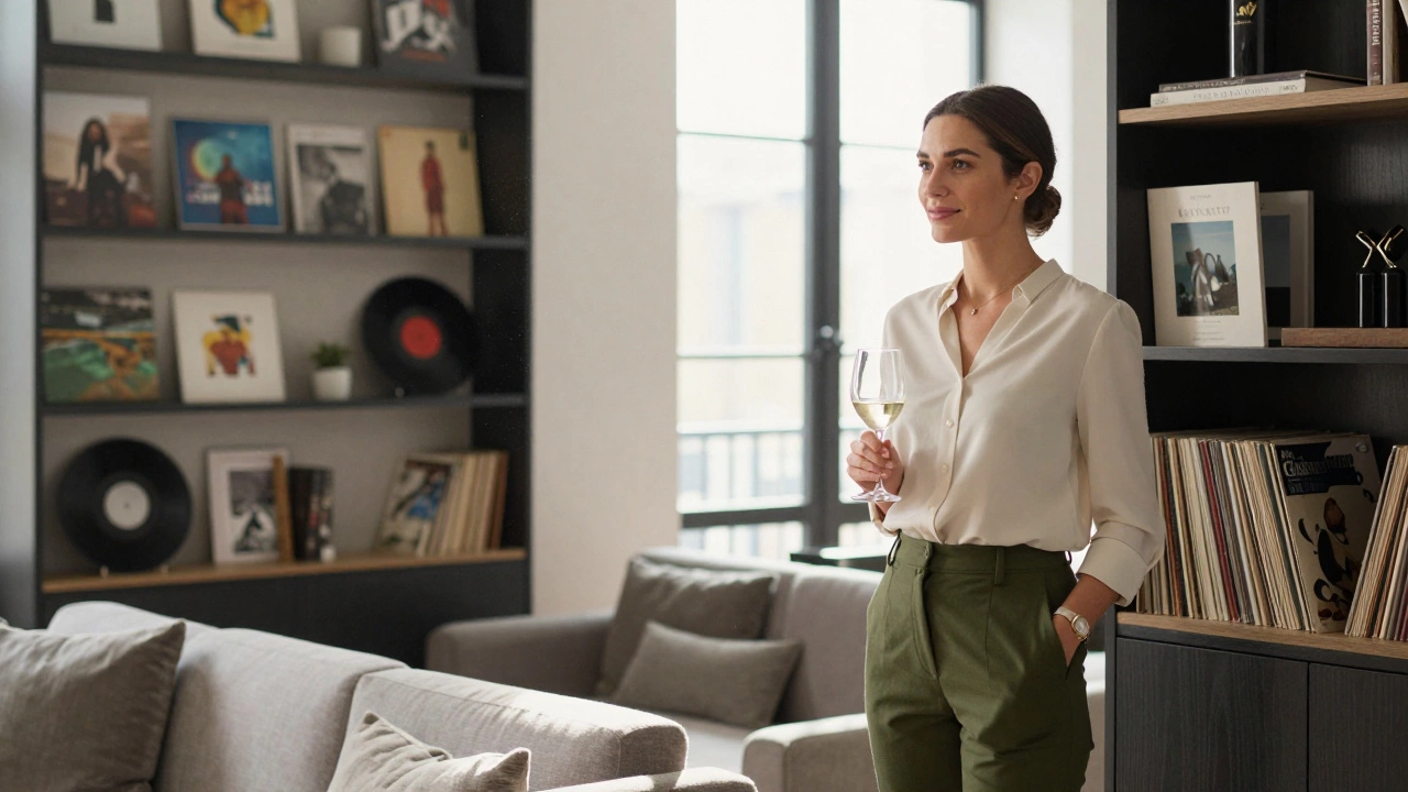 A professional female companion in a modern London apartment, standing near bookshelves with natural light.