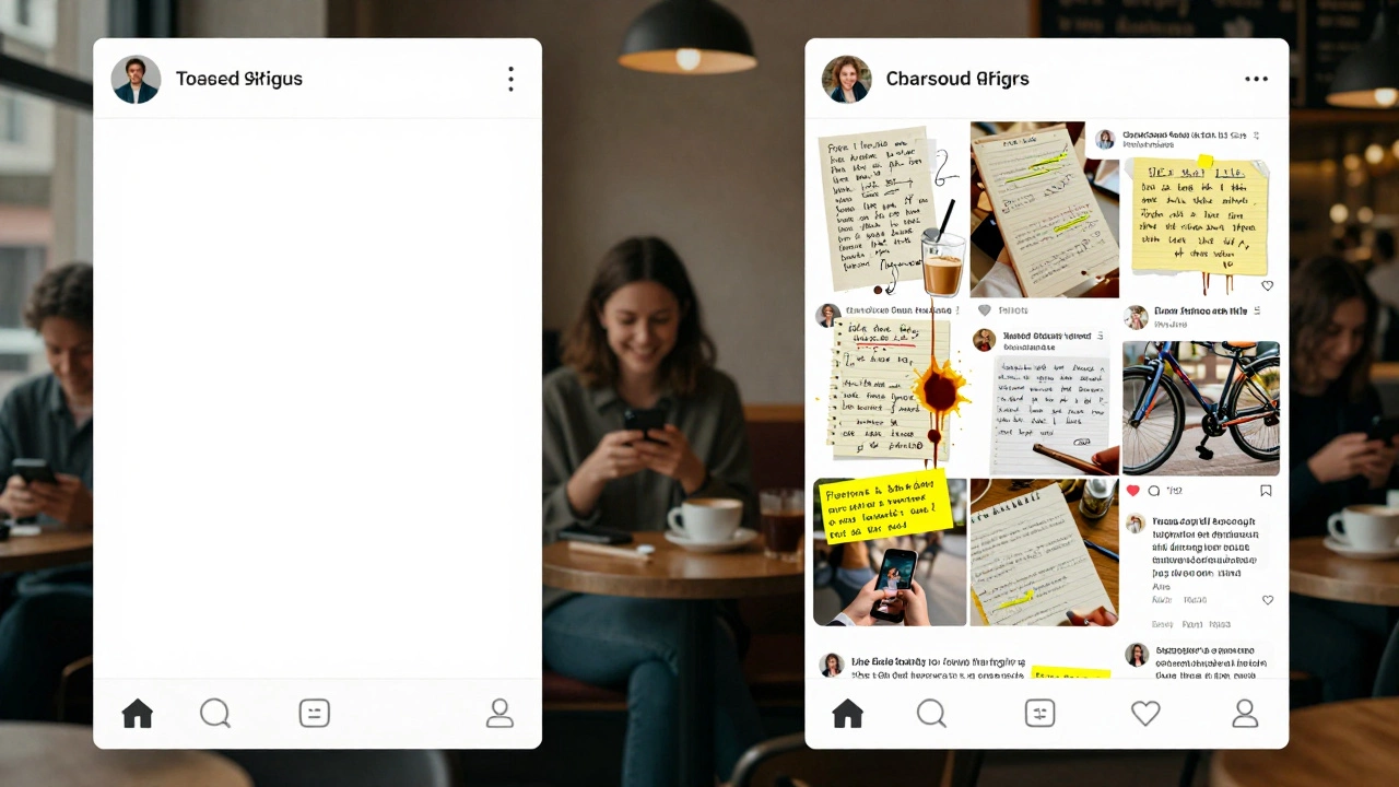A split-screen comparing a sterile social feed with a vibrant, engaged one filled with real-life moments and replies.