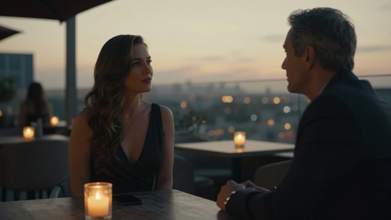 A woman in a black gown listens intently to a man across a candlelit rooftop table.