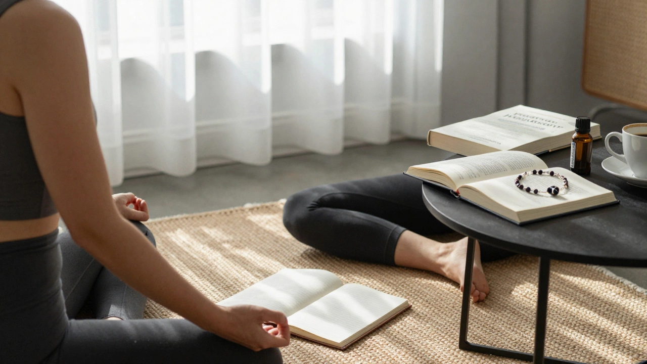 A woman meditates in a minimalist apartment, journal and handmade jewelry beside her.