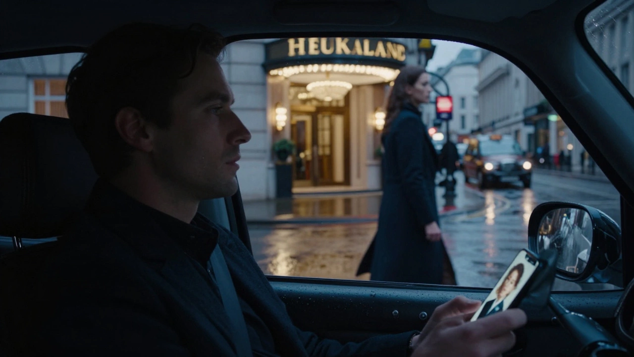 A woman walking toward a hotel in rainy London at dusk, viewed from inside a taxi.